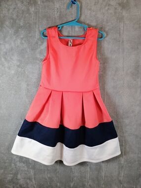 KnitWorks Girls Coral Navy White Colorblock Pleated Dress Size 7